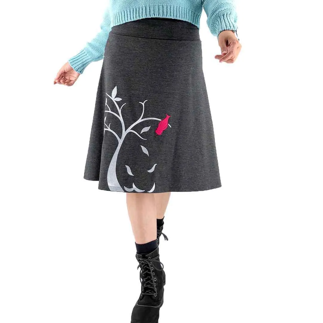 (20% Off) Skirt - Pink Bird on Tree - Dark Charcoal Gray (Juniors S -3X) by Zoe's Lollipop