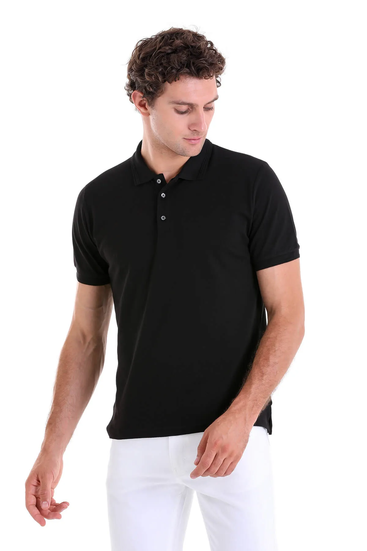 35361023C001 \  Comfort Fit Basic / Plain 100% Cotton Polo T-shirt, Black