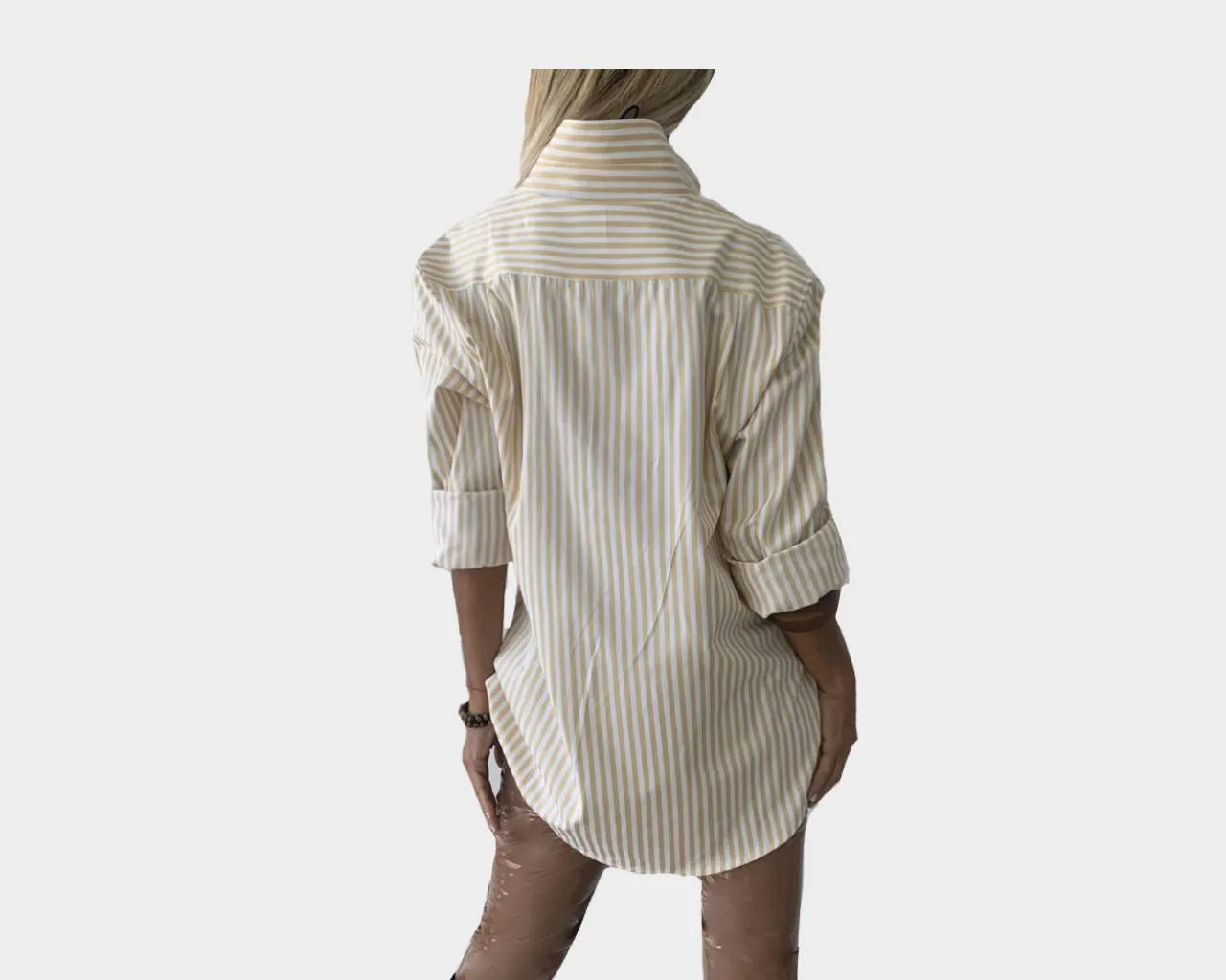 9.9 Stripe Champagne Taupe et Blanc long Sleeve Weekender Shirt - The Hamptons