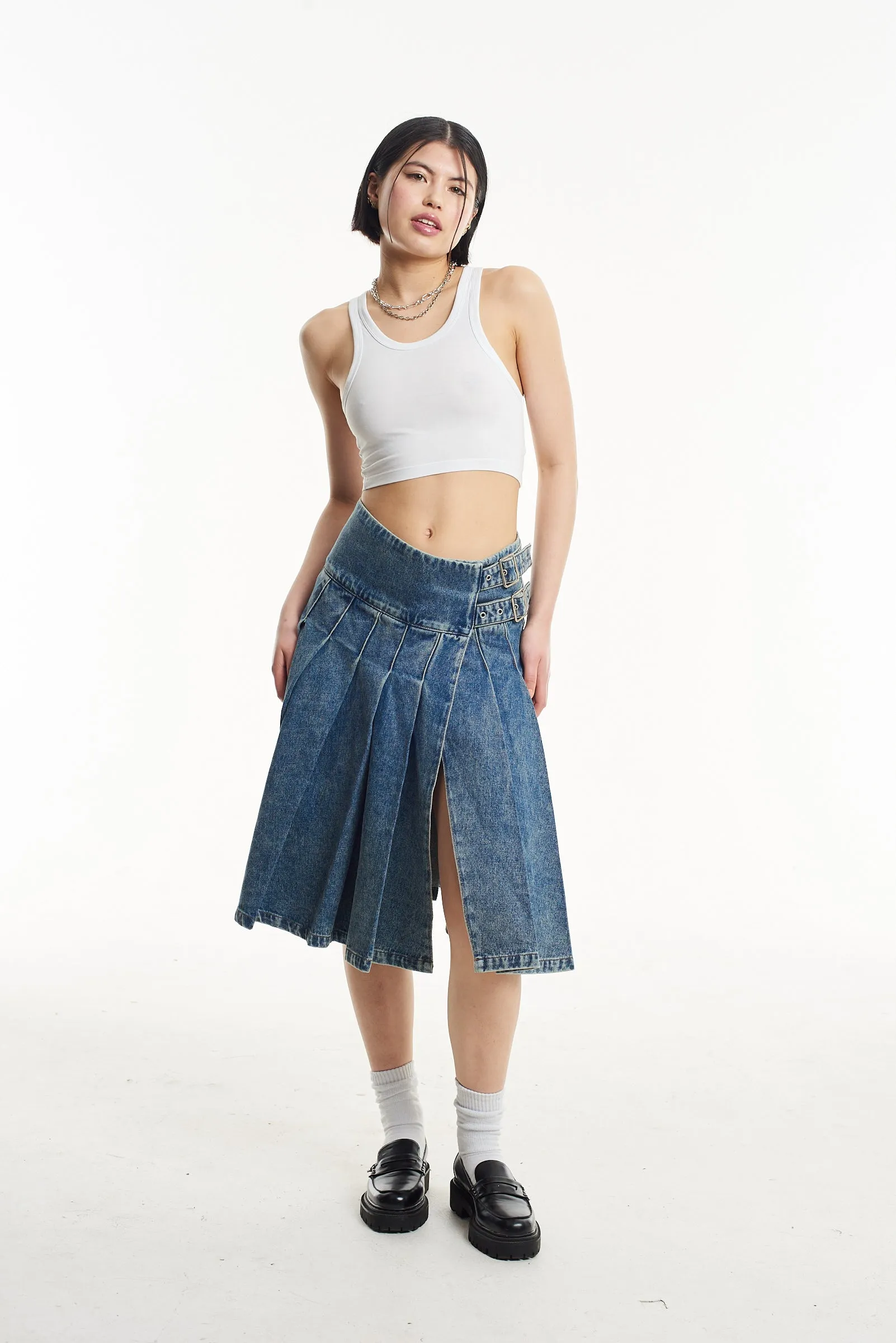 Agyness Pleated Denim Midi Skirt