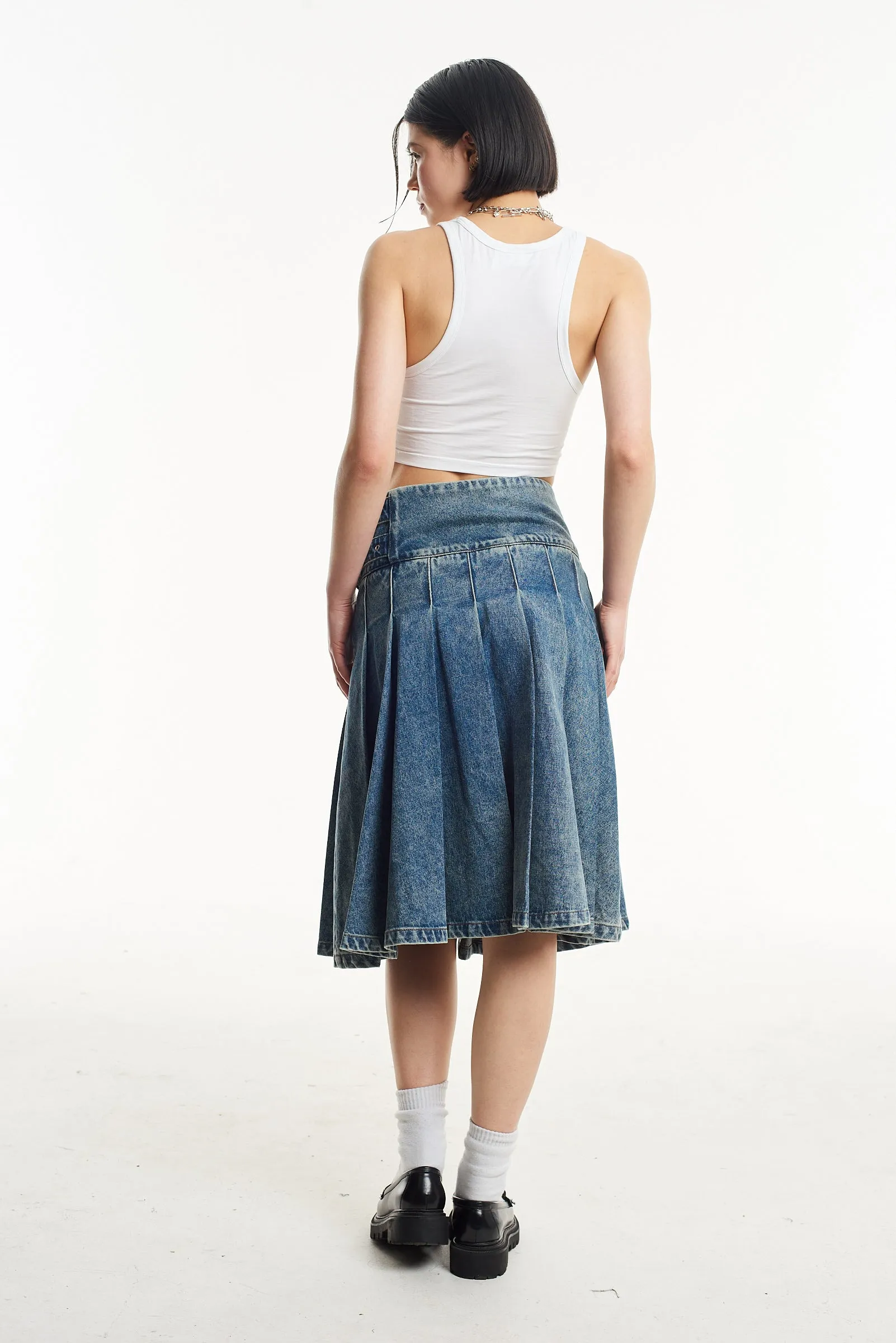 Agyness Pleated Denim Midi Skirt