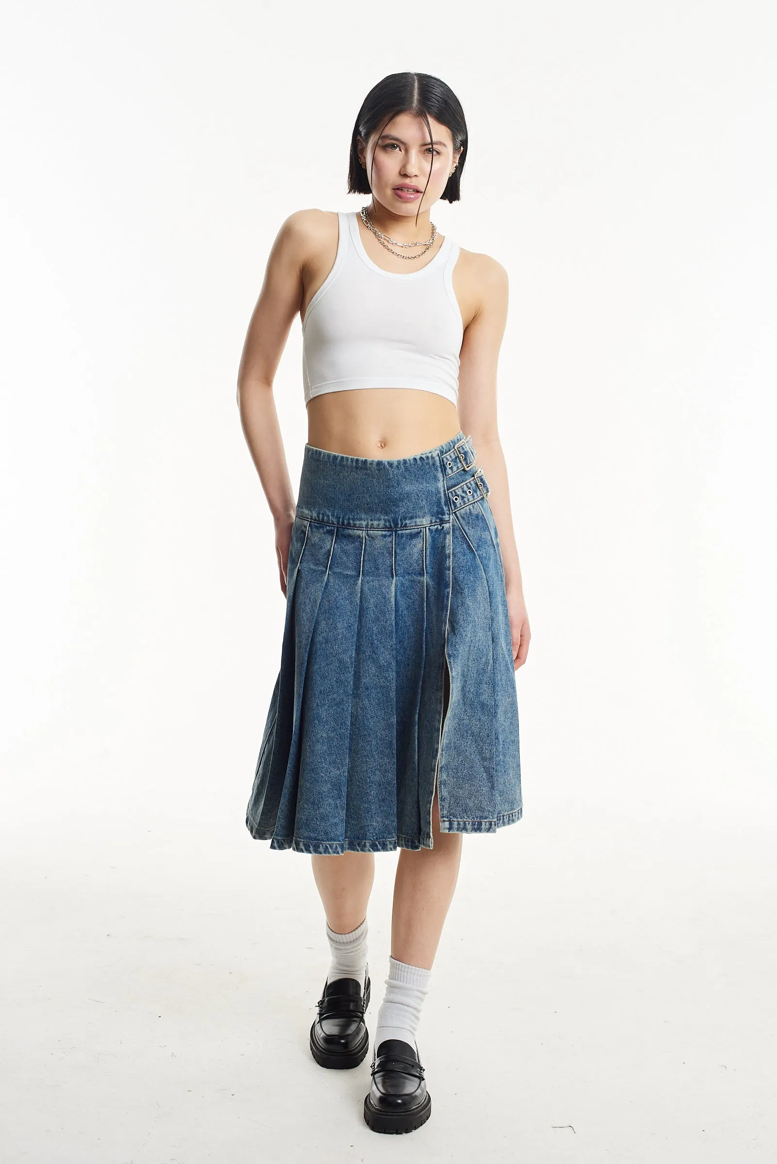 Agyness Pleated Denim Midi Skirt