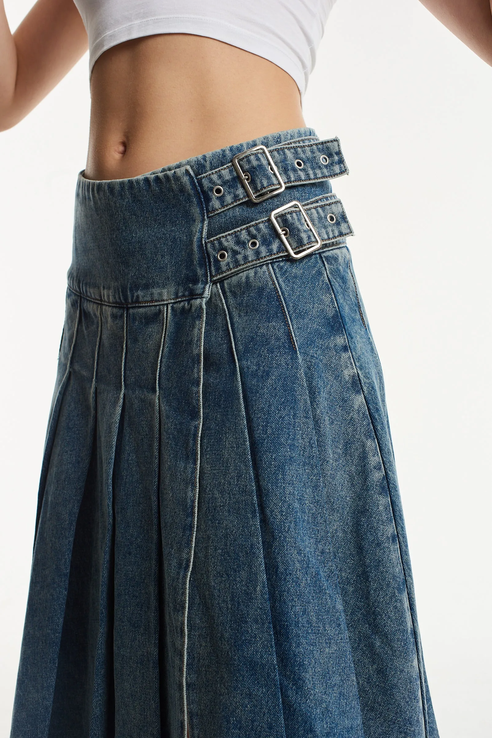 Agyness Pleated Denim Midi Skirt