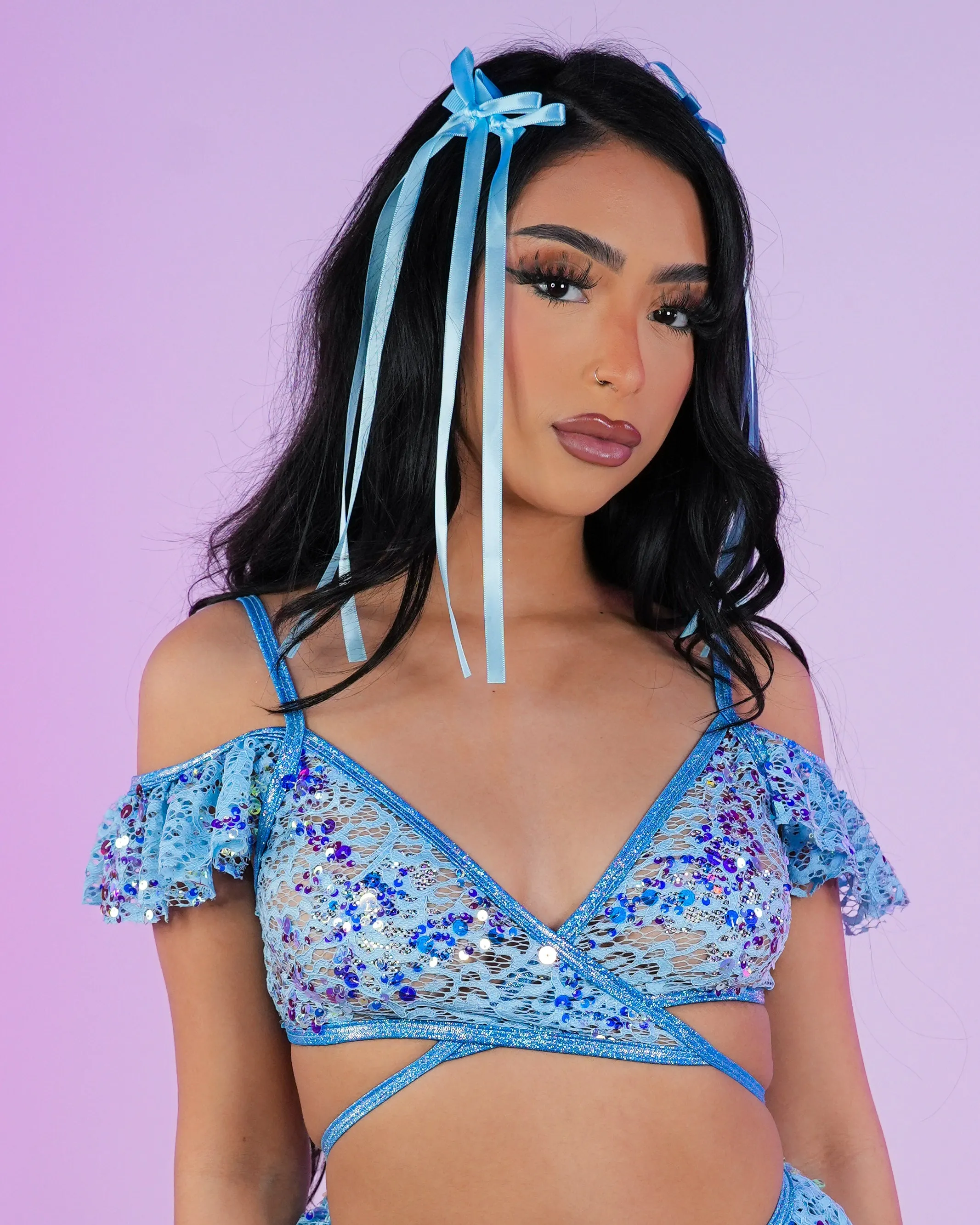 Aqua Sequin Net Ruffle Top