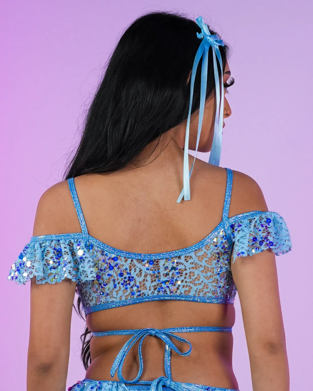 Aqua Sequin Net Ruffle Top