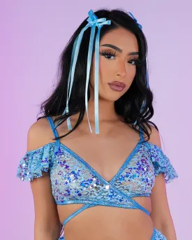 Aqua Sequin Net Ruffle Top