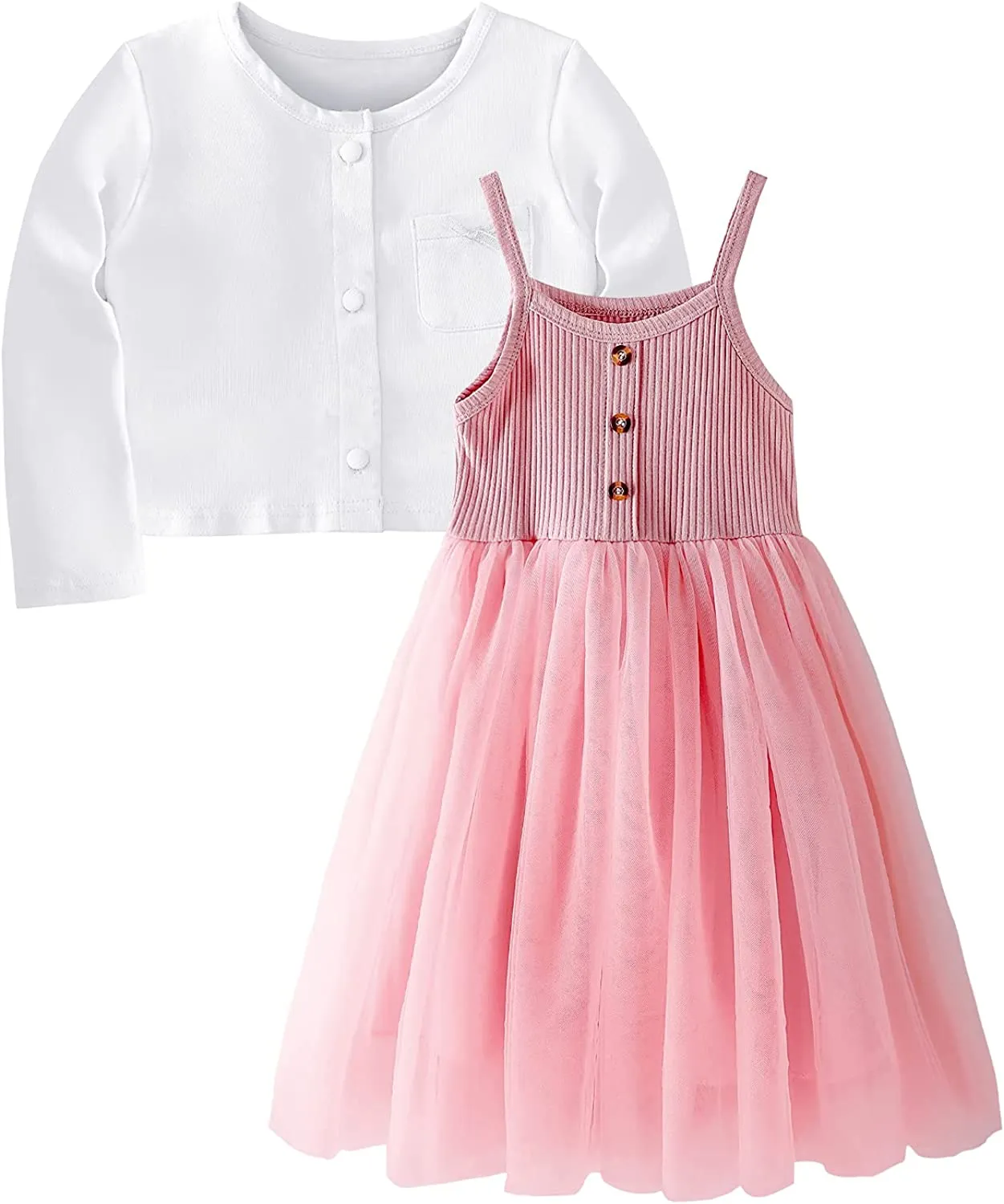 Baby Girls Tutu Dresses, Infant Tulle Sundress Sleeveless Buttons Dress and Bowknot Cardigan Set