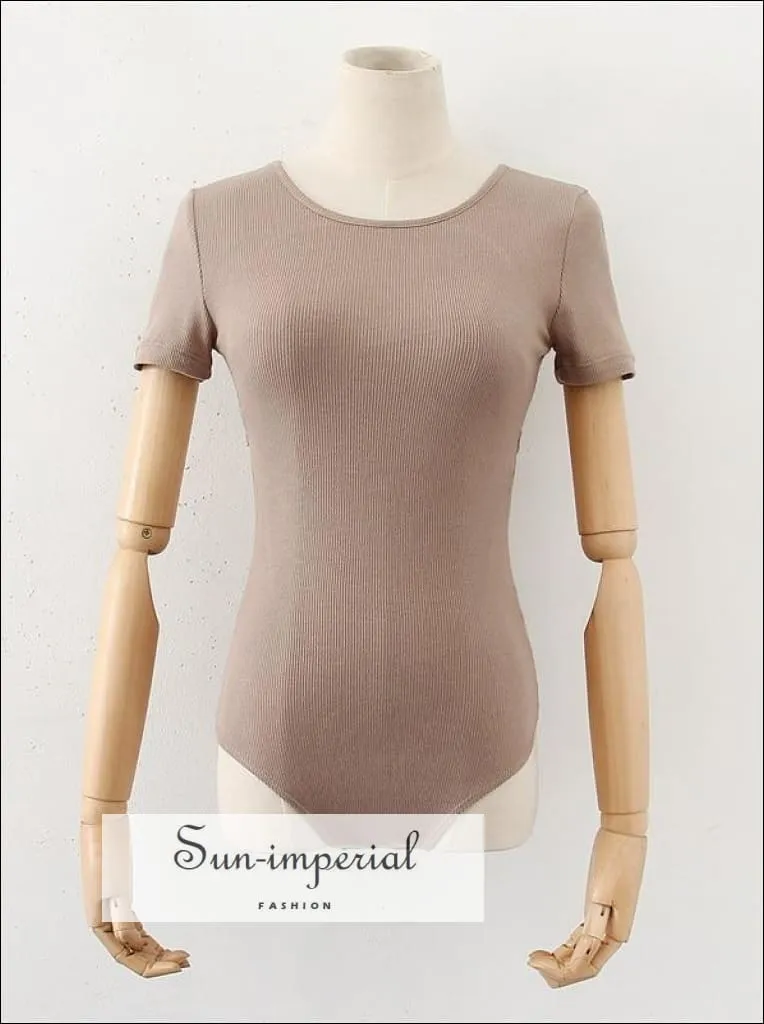 Beige Short Sleeve Ribbed Backless Bodysuit with Tie detail