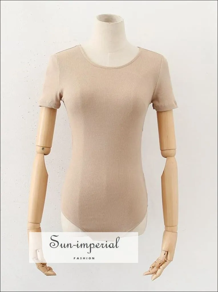 Beige Short Sleeve Ribbed Backless Bodysuit with Tie detail