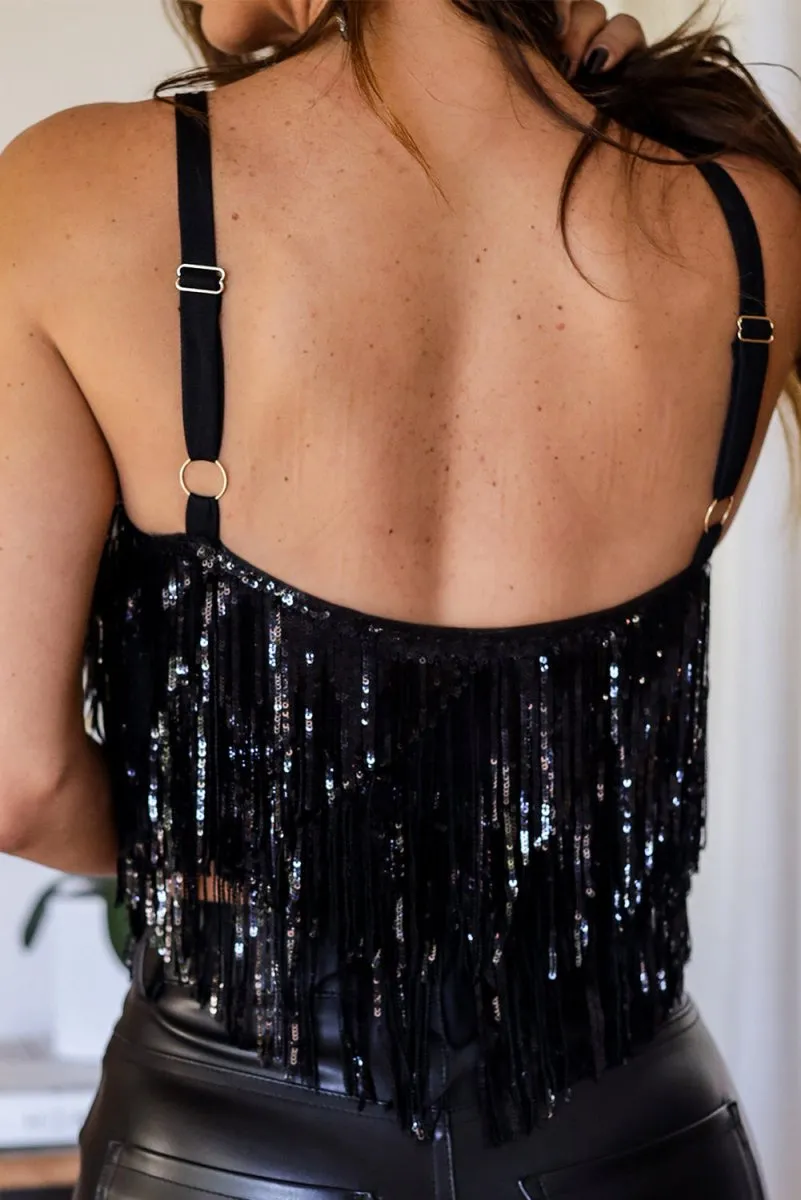 Black Tassel Sequin Tank Crop Top