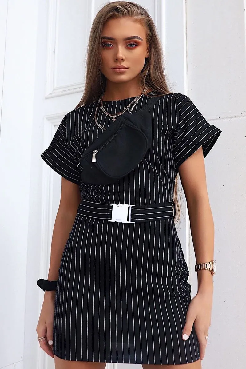 Black White Stripe Belted T-shirt Dress - Madisen