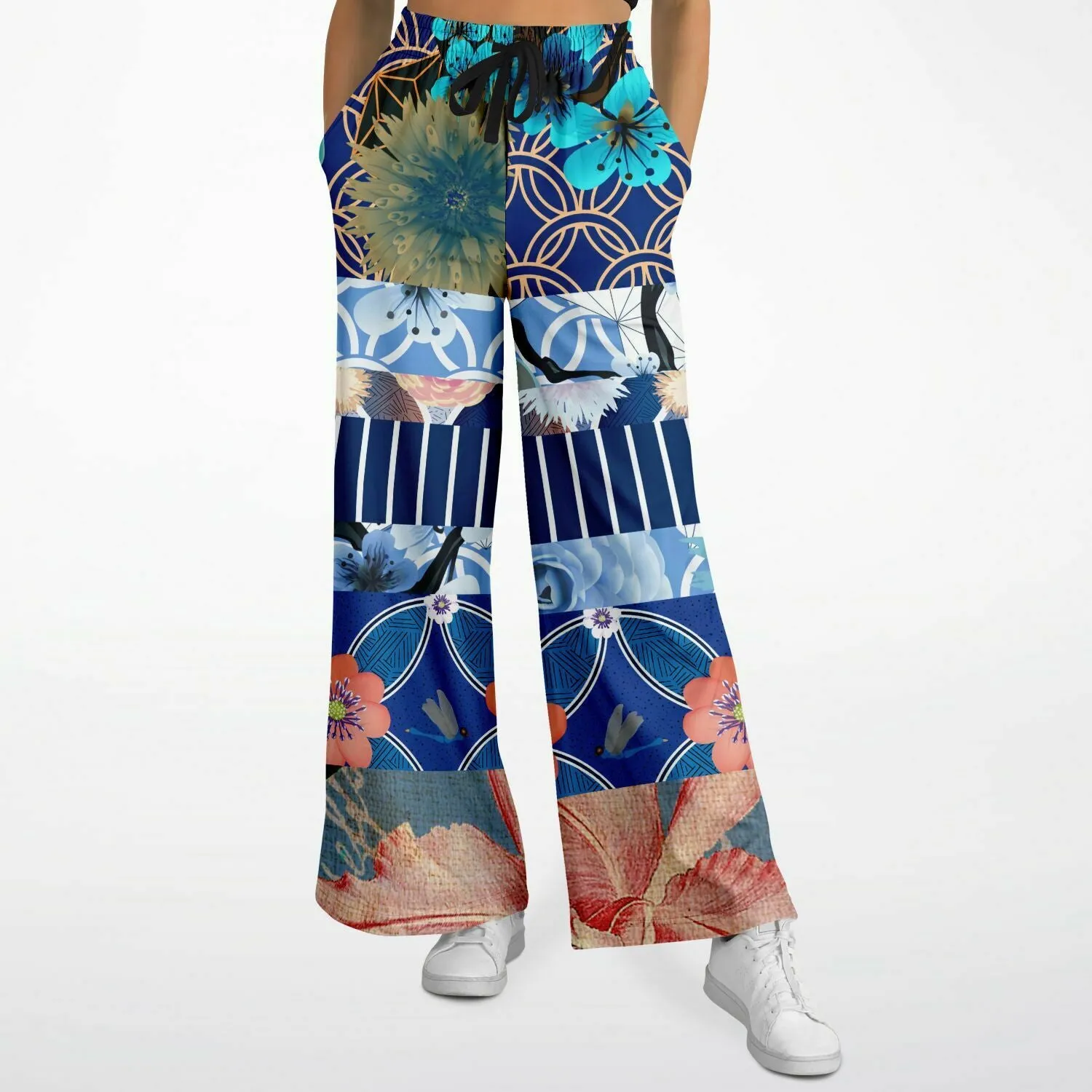 Blue Andalusian Patchwork Eco-Poly Wide Leg Pants