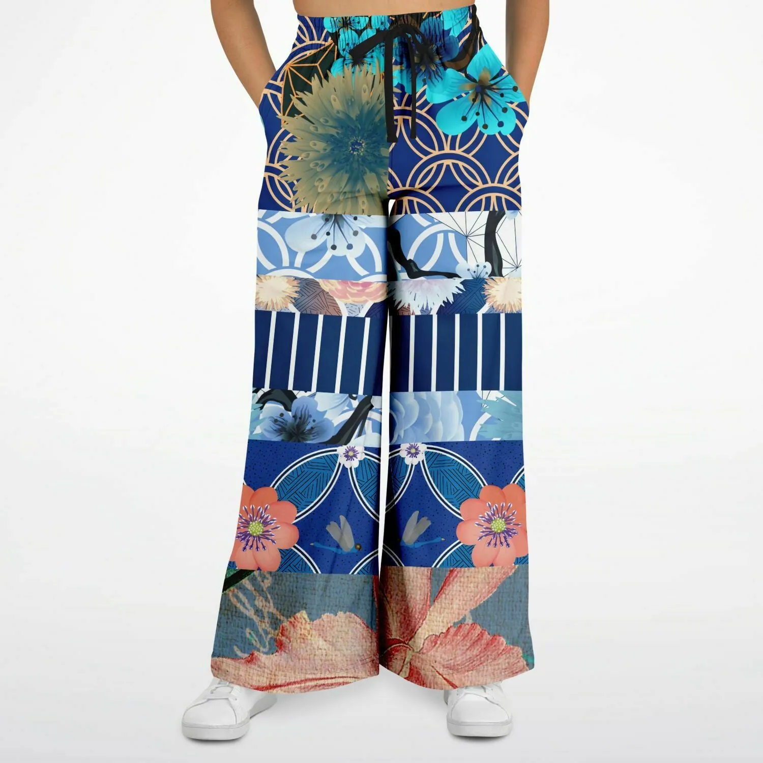 Blue Andalusian Patchwork Eco-Poly Wide Leg Pants