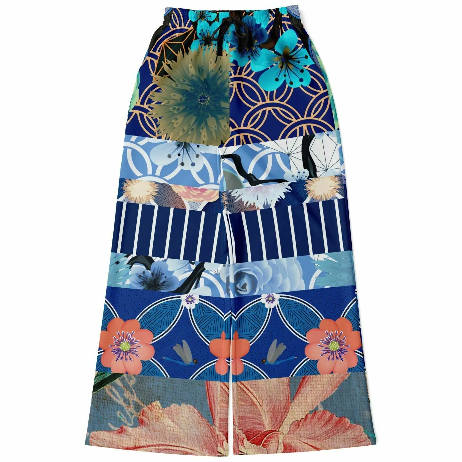 Blue Andalusian Patchwork Eco-Poly Wide Leg Pants