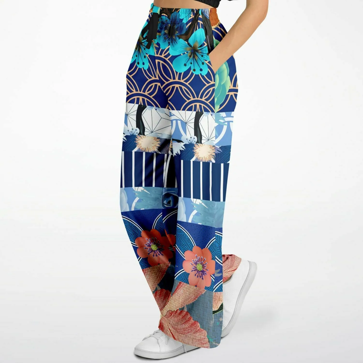 Blue Andalusian Patchwork Eco-Poly Wide Leg Pants