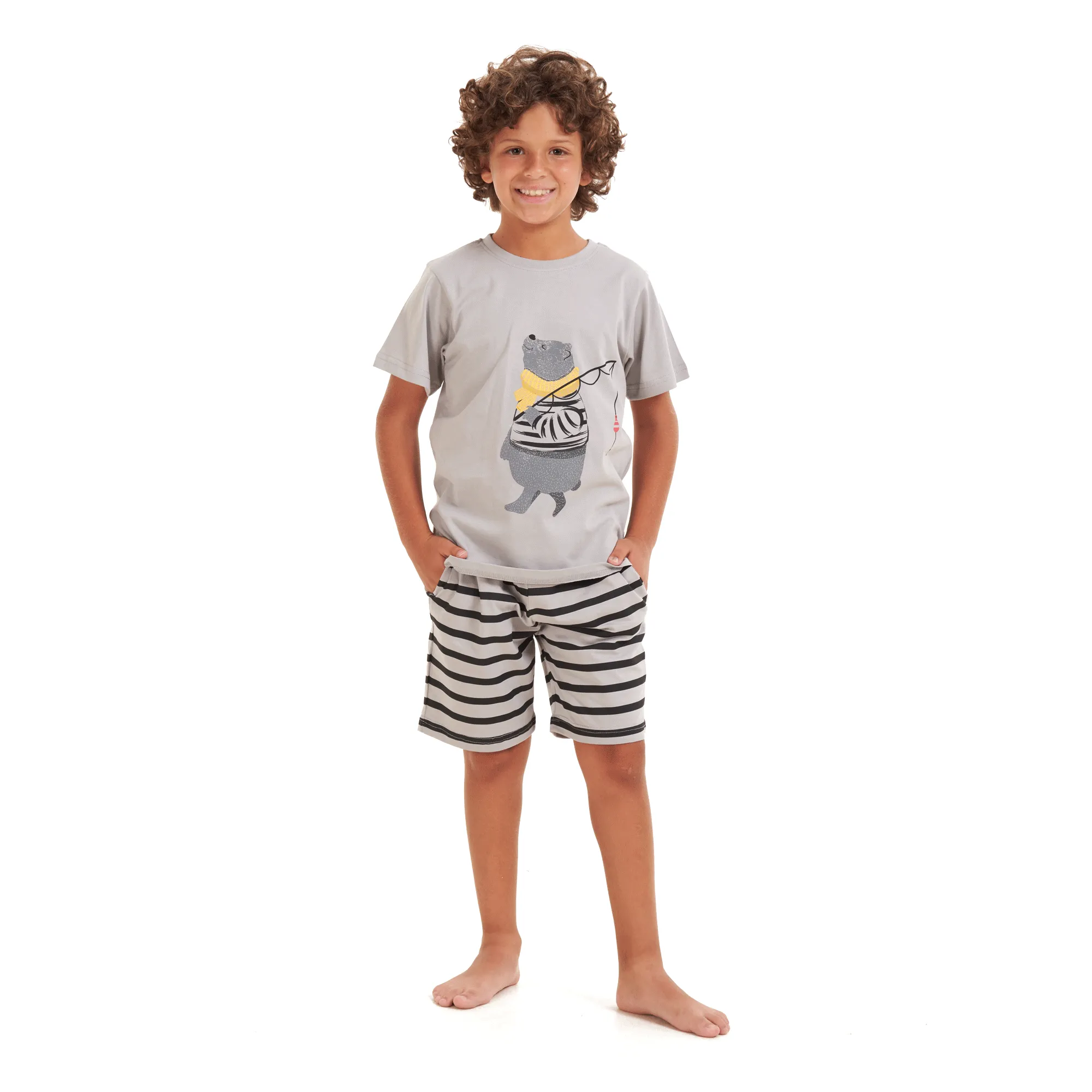 Boys summer pajama set Bear t-shirt  Light grey shorts