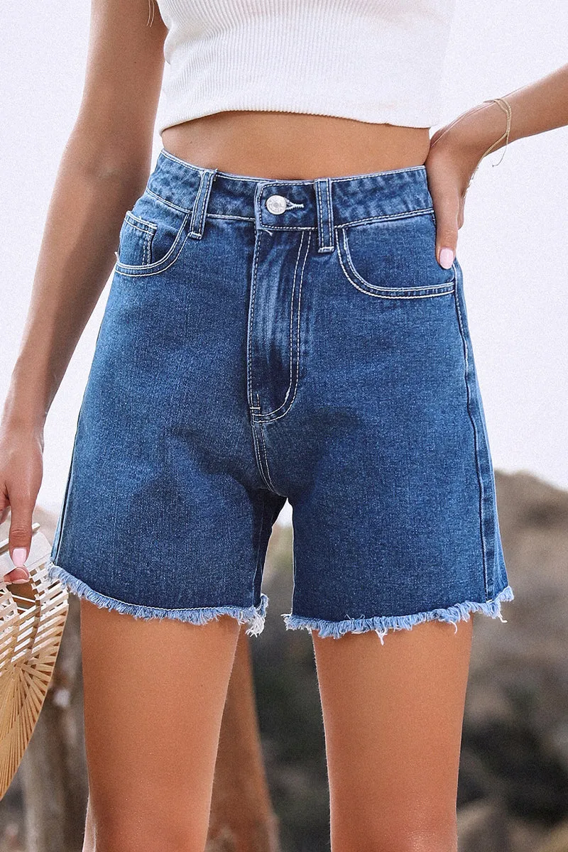 Casual Solid Make Old High Waist Straight Denim Shorts