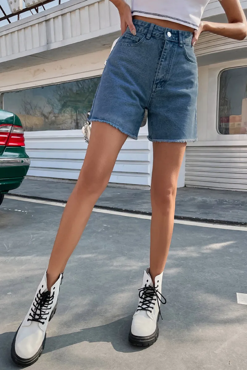 Casual Solid Make Old High Waist Straight Denim Shorts