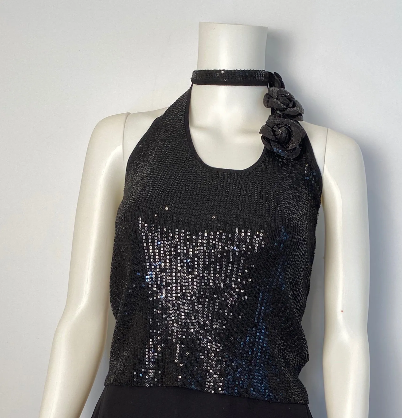 Chanel 08C 2008 Cruise Camellia black sequin top halter blouse FR 36