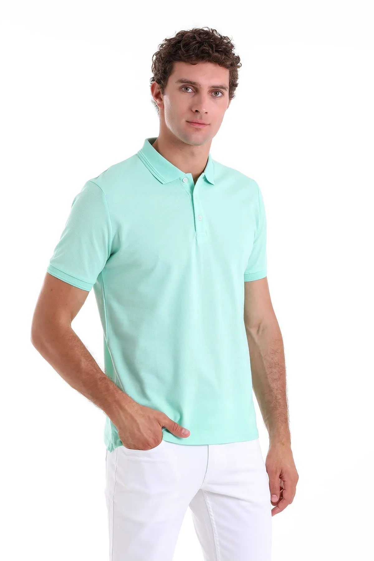 Comfort Fit Basic Plain 100% Cotton Green Water Polo T-Shirt