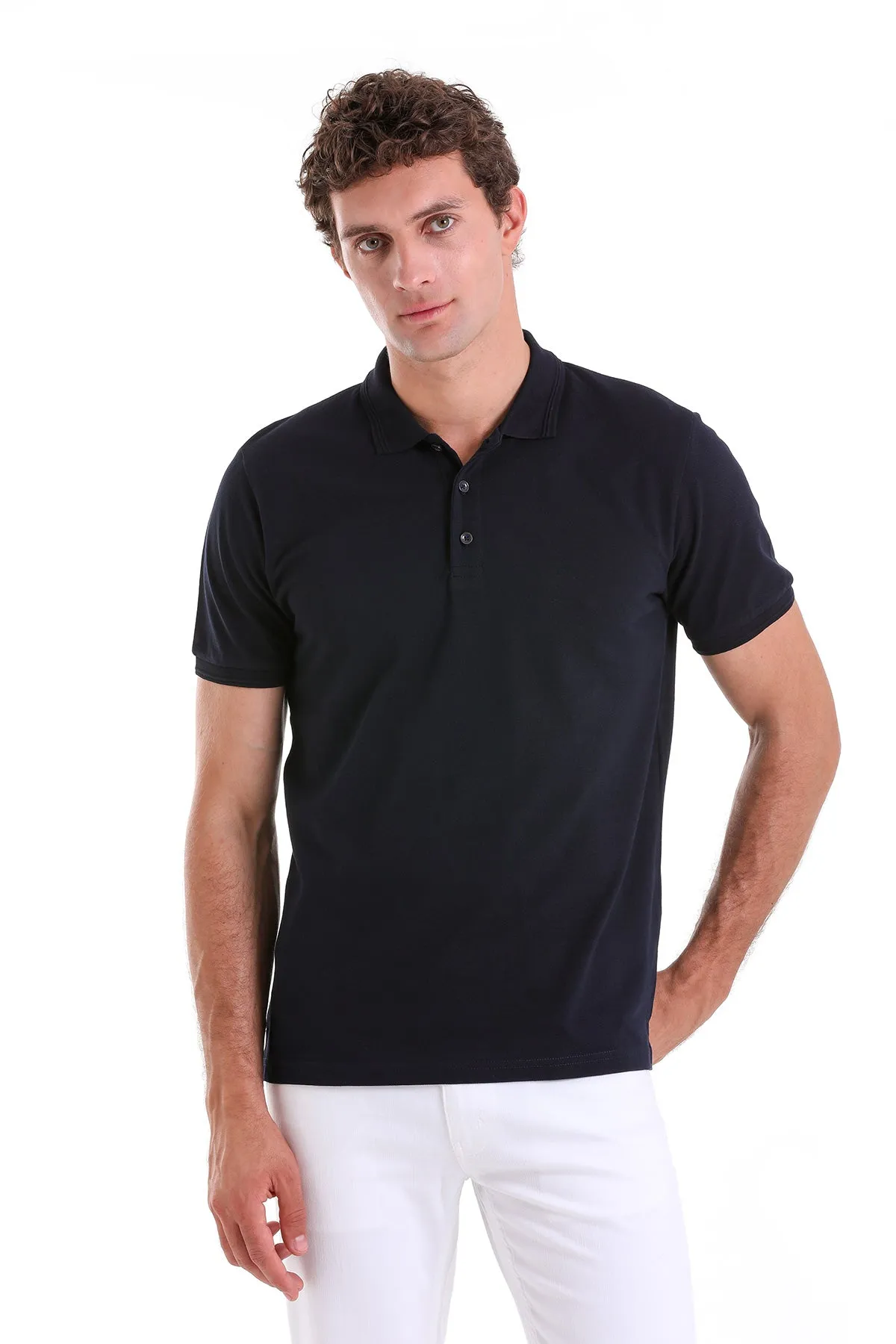 Comfort Fit Basic Plain 100% Cotton Navy Polo T-Shirt