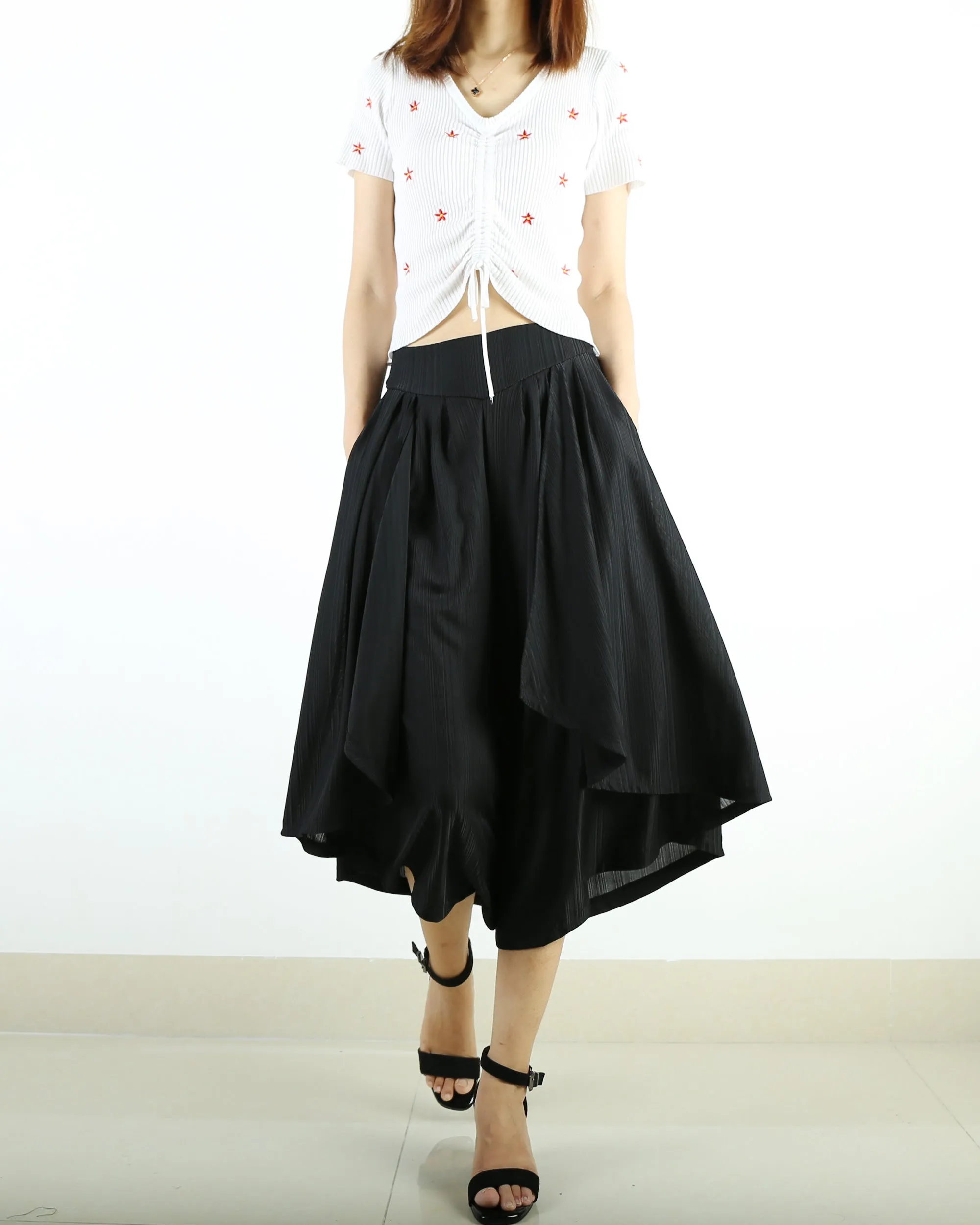 Dark Blue skirt pants/yoga skirt pants/oversized pants/elastic waist pants/asymmetrical trousers (K1661)