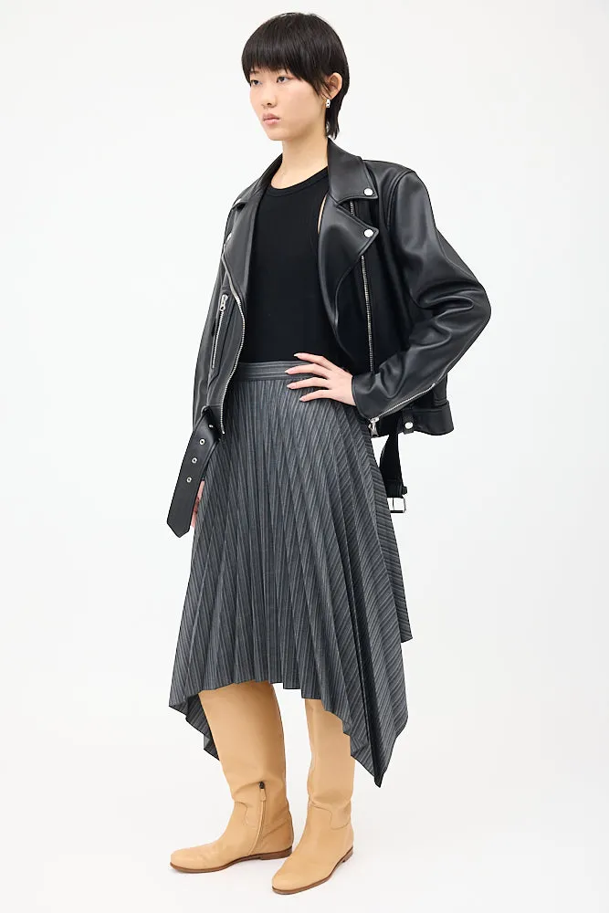 Dark Grey Wool Herringbone Pleated Skirt