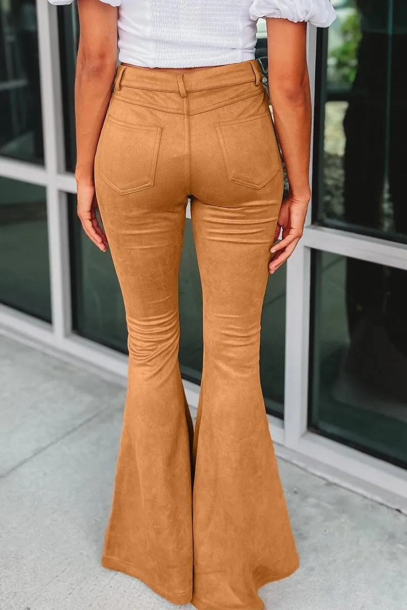 Exposed Camel Flare Suede Pants