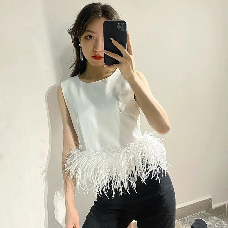 Feather Fur Shirt Top Women Sleeveless