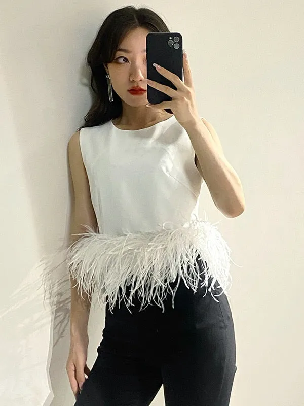 Feather Fur Shirt Top Women Sleeveless