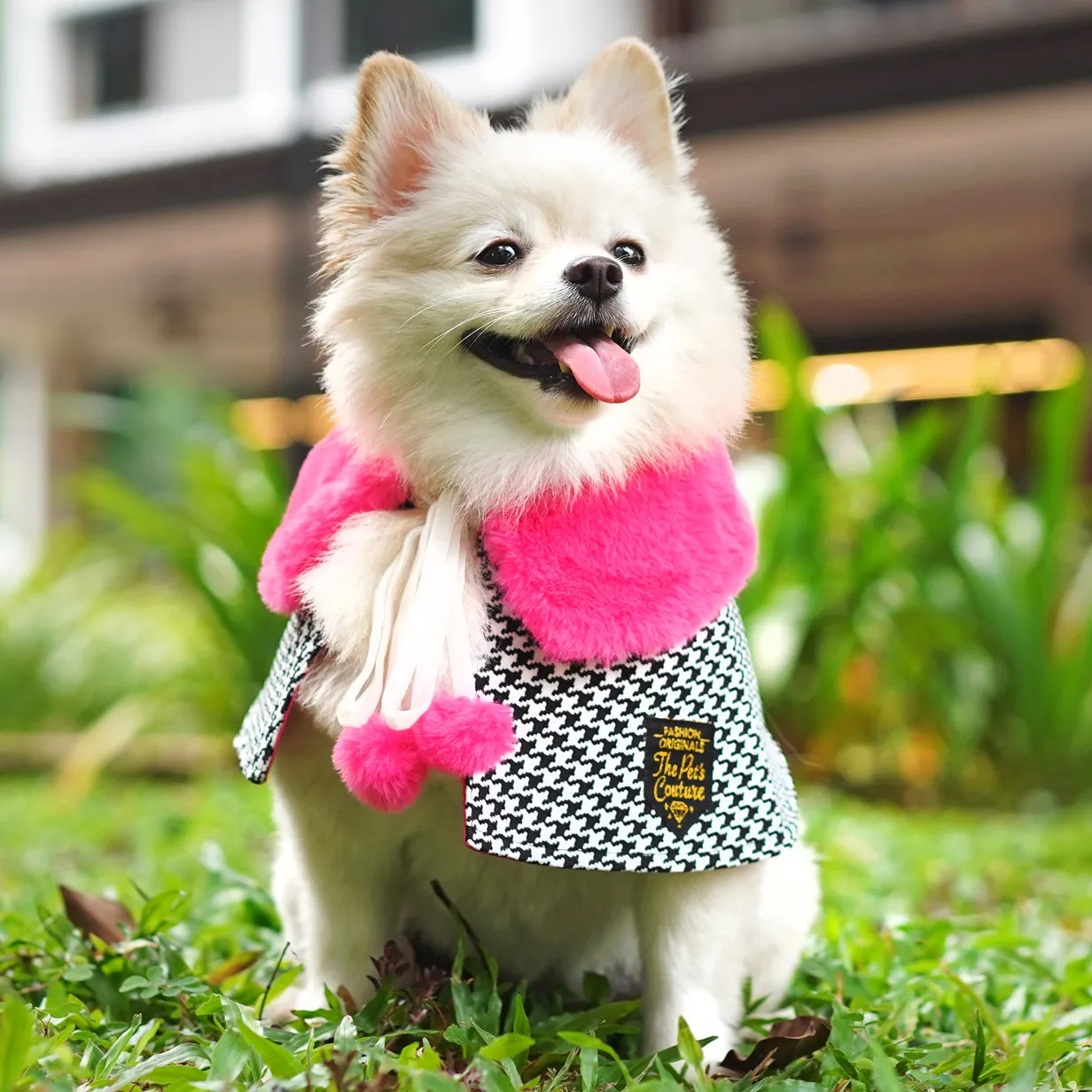 Fuscia Pink Faux Fur Collar Trench Coat in Houndstooth