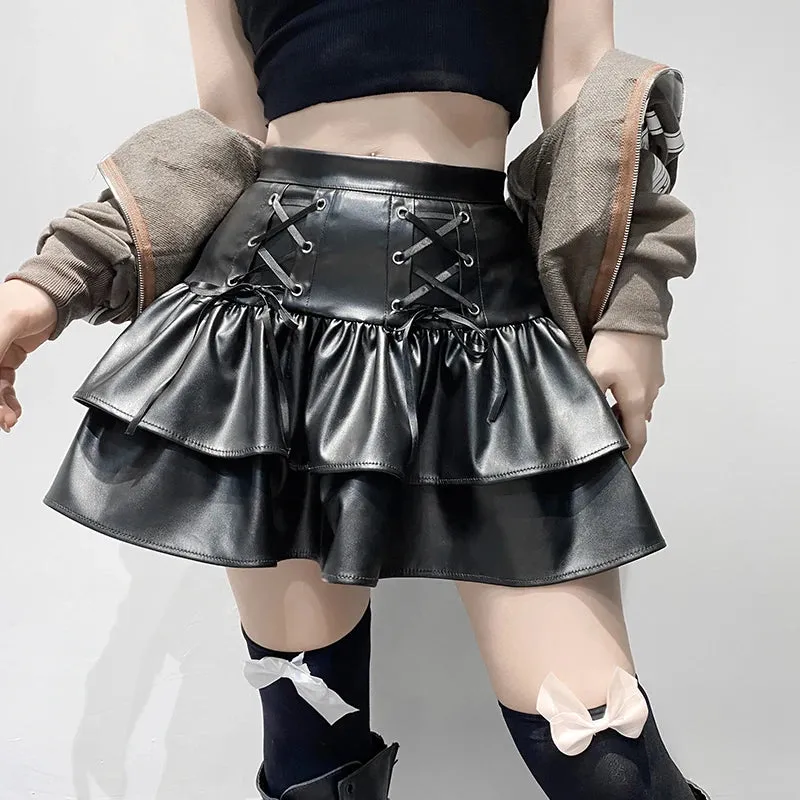 Girlary PU Leather Mini Skirts Punk Style High Waist Lace Up Bandage Black Pleated Skirt Streetwear Girls Dark Academia Clothes