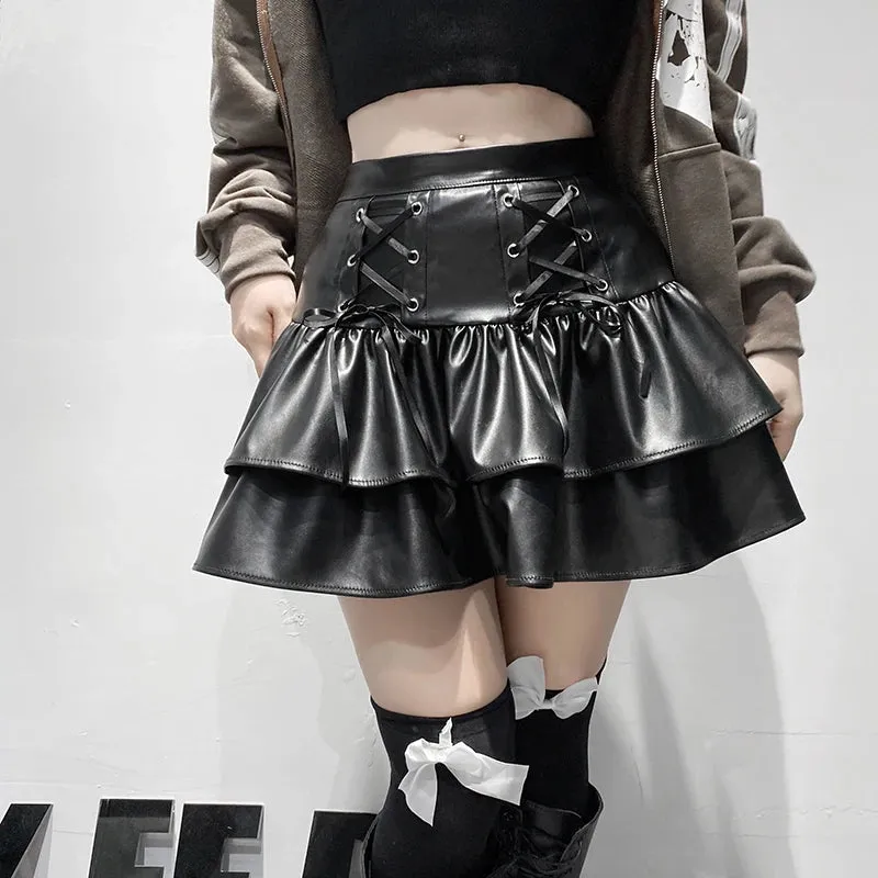 Girlary PU Leather Mini Skirts Punk Style High Waist Lace Up Bandage Black Pleated Skirt Streetwear Girls Dark Academia Clothes