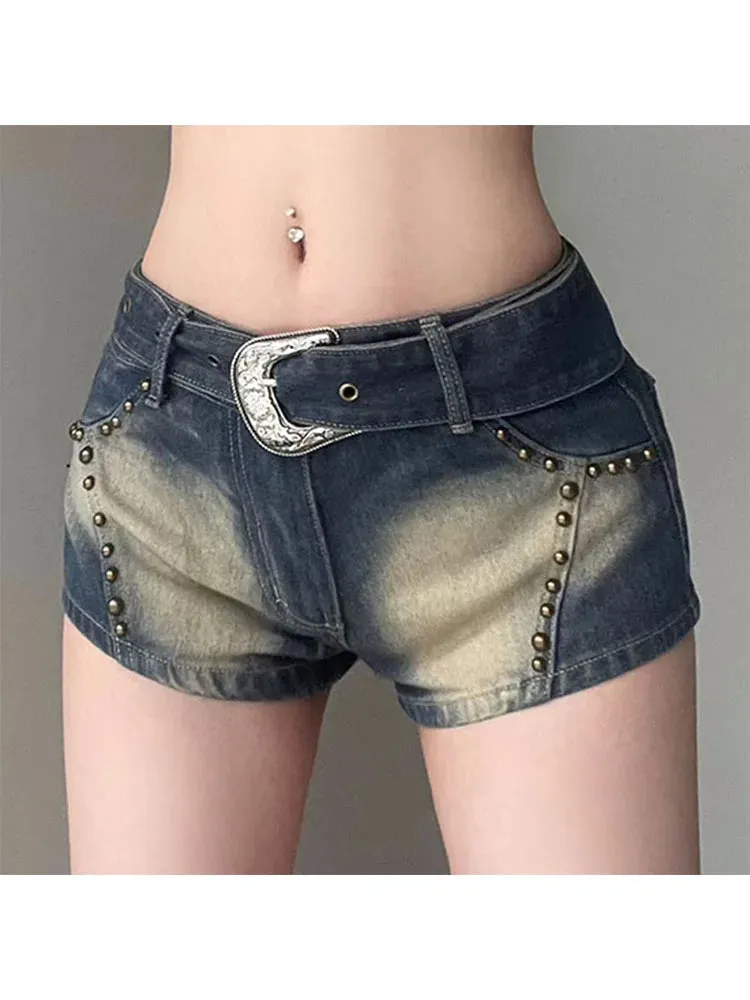 Girlary Woman All-match Shorts Design Jean Clubwear Hot High Street Pants Denim Gyaru Shorts Aesthetics With Belt Tie-dyed Old Money