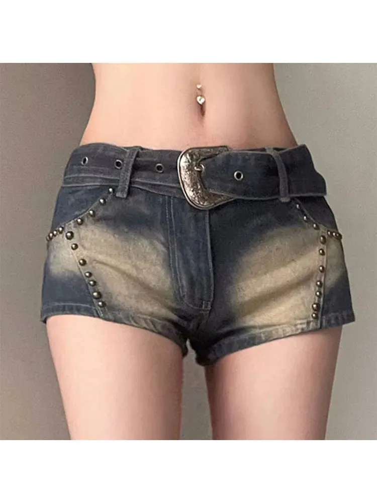 Girlary Woman All-match Shorts Design Jean Clubwear Hot High Street Pants Denim Gyaru Shorts Aesthetics With Belt Tie-dyed Old Money