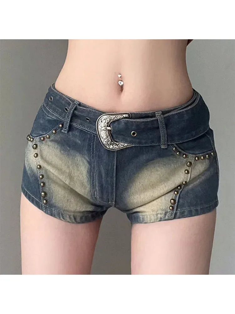 Girlary Woman All-match Shorts Design Jean Clubwear Hot High Street Pants Denim Gyaru Shorts Aesthetics With Belt Tie-dyed Old Money