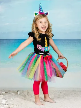 Girls Floral Unicorn Top And Rainbow Sequin Bow Tutu Skirt Set