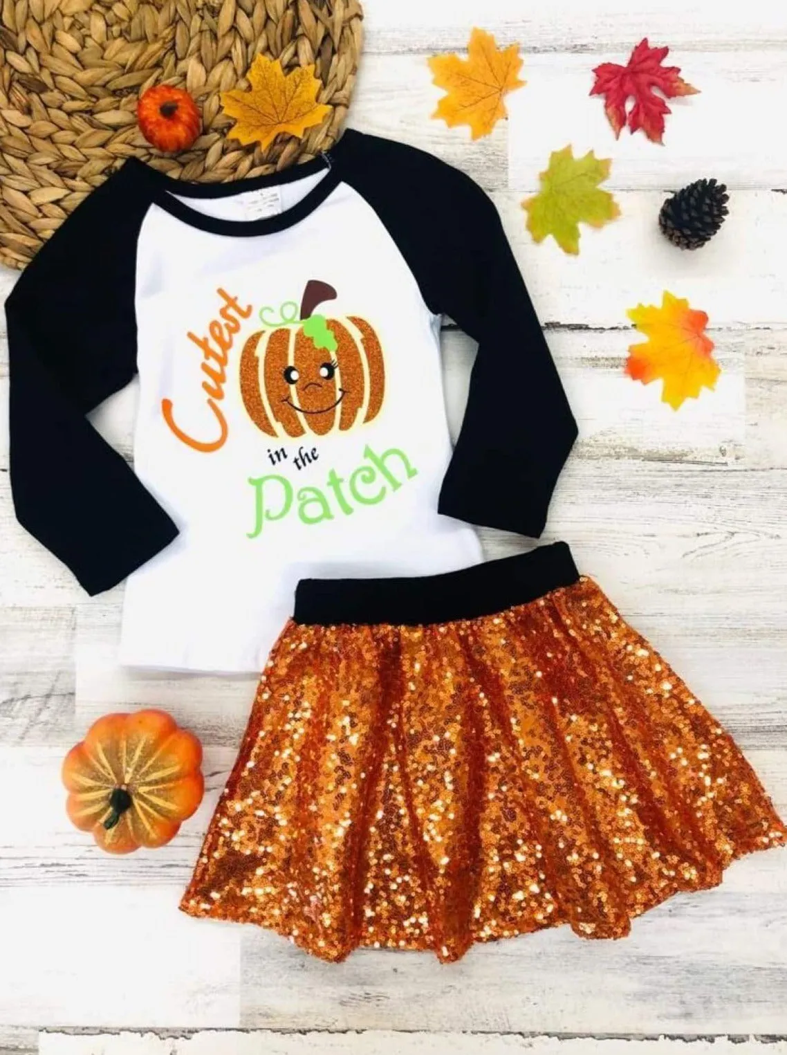 Girls  "Cutest Pumpkin in the Patch" Printed Long Sleeve Raglan Top And Sequin Skirt Set