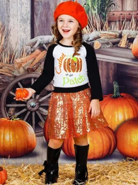 Girls  "Cutest Pumpkin in the Patch" Printed Long Sleeve Raglan Top And Sequin Skirt Set