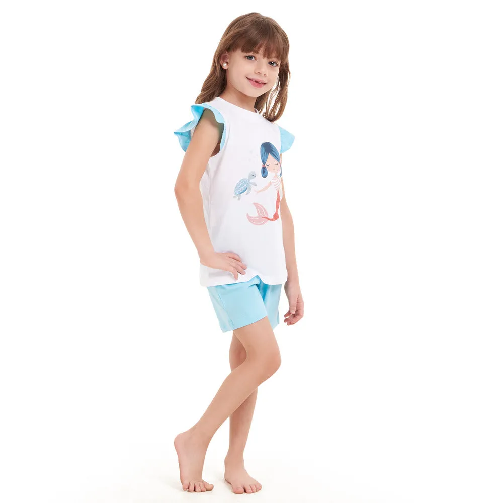 Girls summer pajama set Mermaid t-shirt   Baby Blue shorts