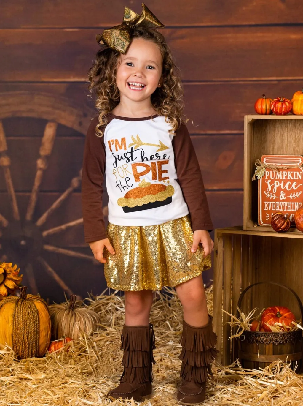 Girls Thanksgiving Themed "I'm Just Here for the Pie" Long Sleeve Raglan Top And Sequin Skirt Set