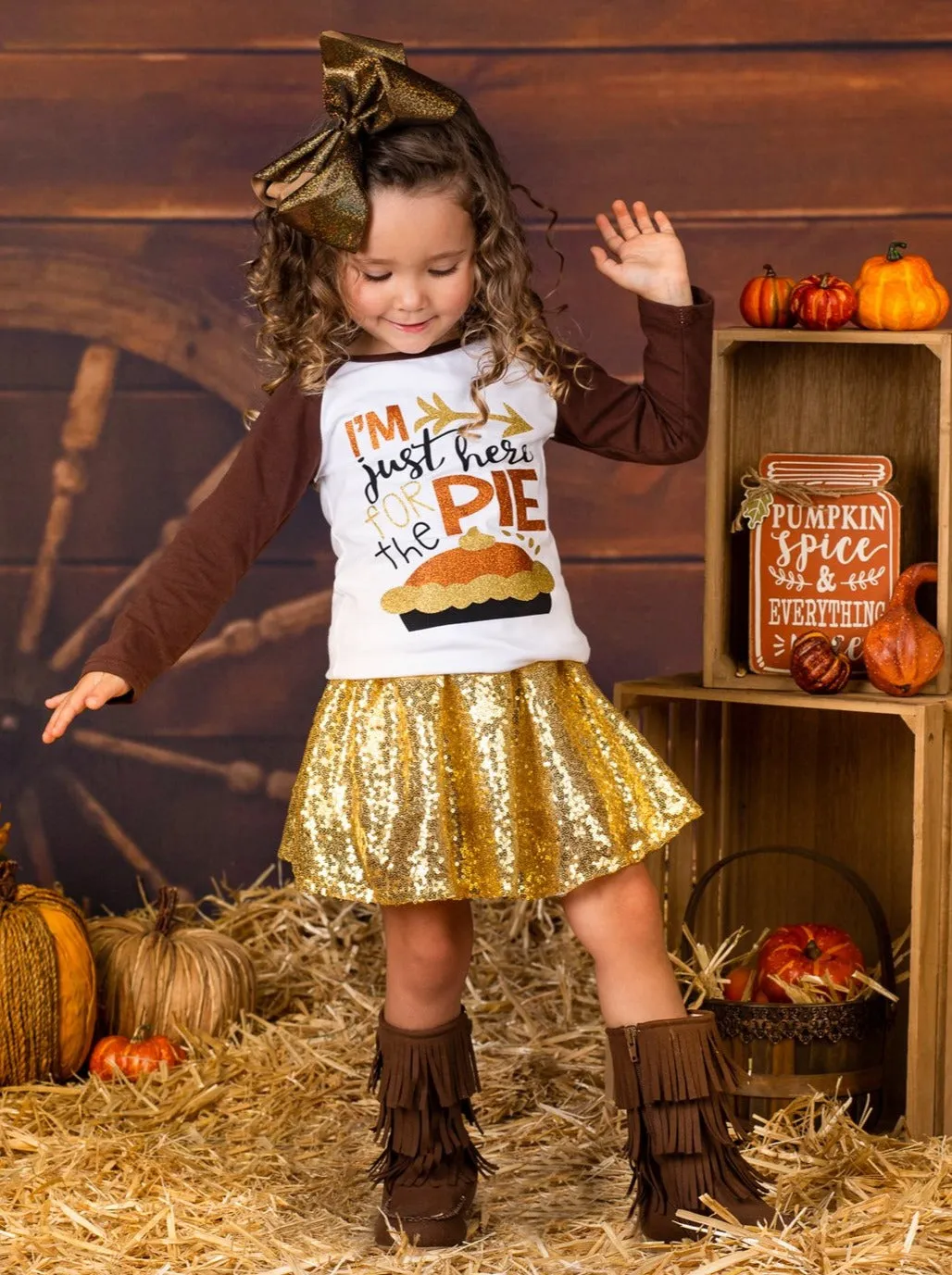 Girls Thanksgiving Themed "I'm Just Here for the Pie" Long Sleeve Raglan Top And Sequin Skirt Set