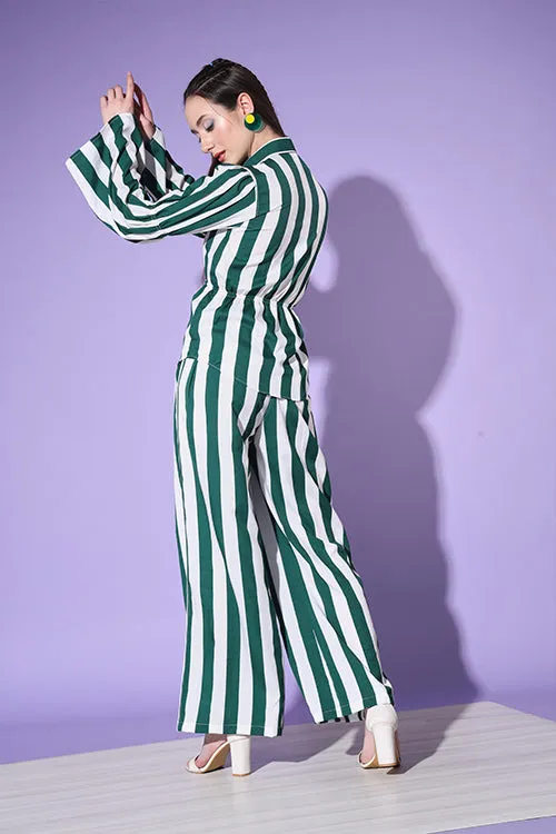 Green Stripe Shirt With Trouser Co-Ord Set