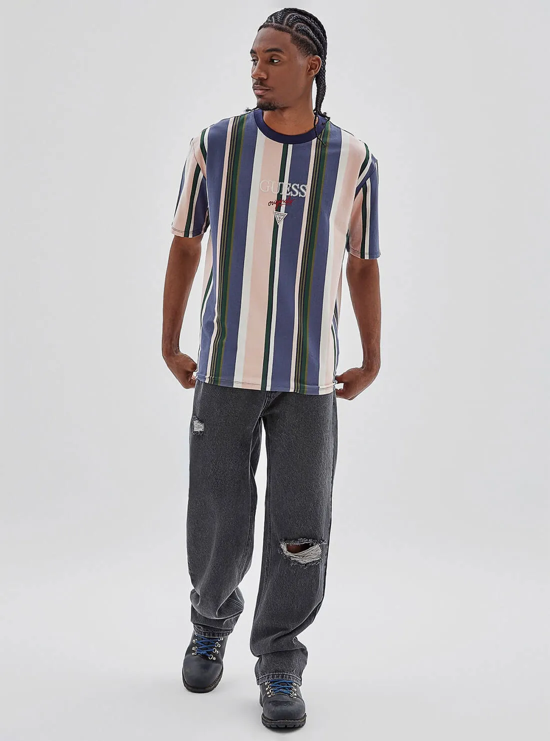 Guess Originals Blue Multi Stripe Logo T-Shirt