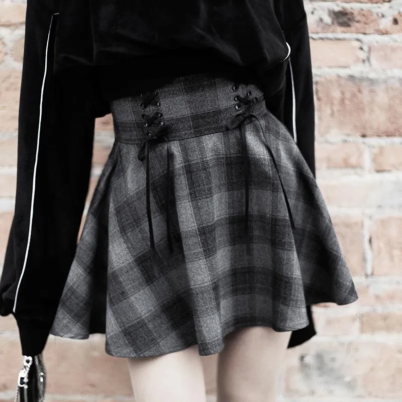 High Waist Plaid Lace Up Skirt