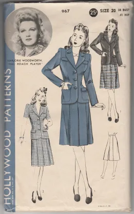 Hollywood 967 Ladies Two Piece Suit Skirt Jacket Vintage 1940's Sewing Pattern Marjorie Woodworth