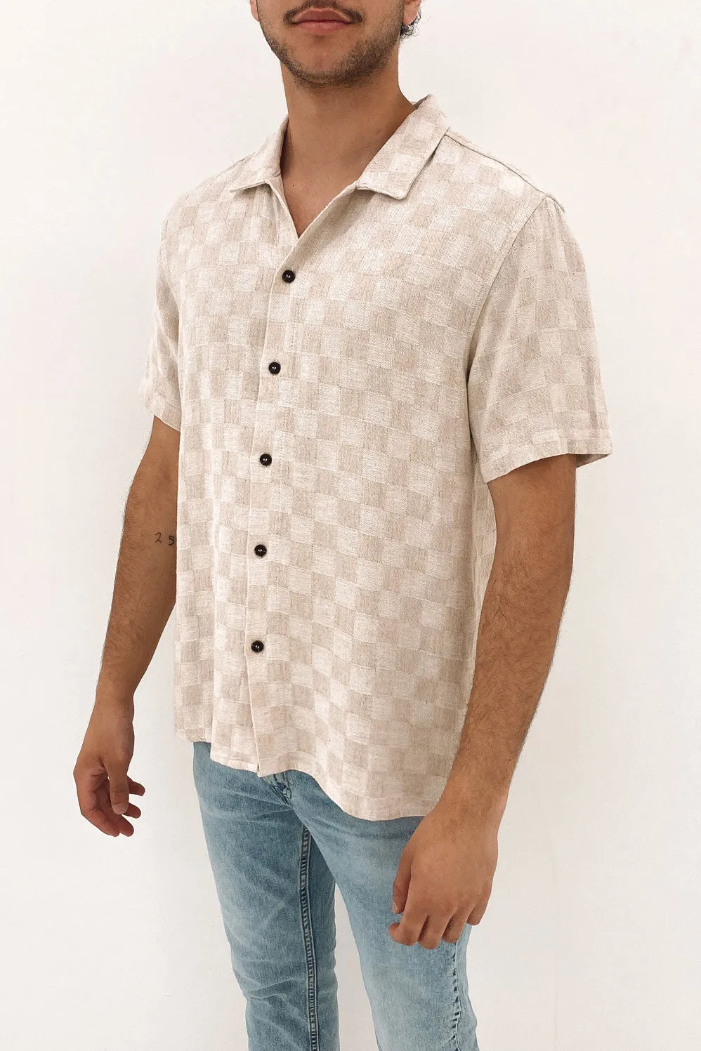 Linen Check Short Sleeve Shirt Natural