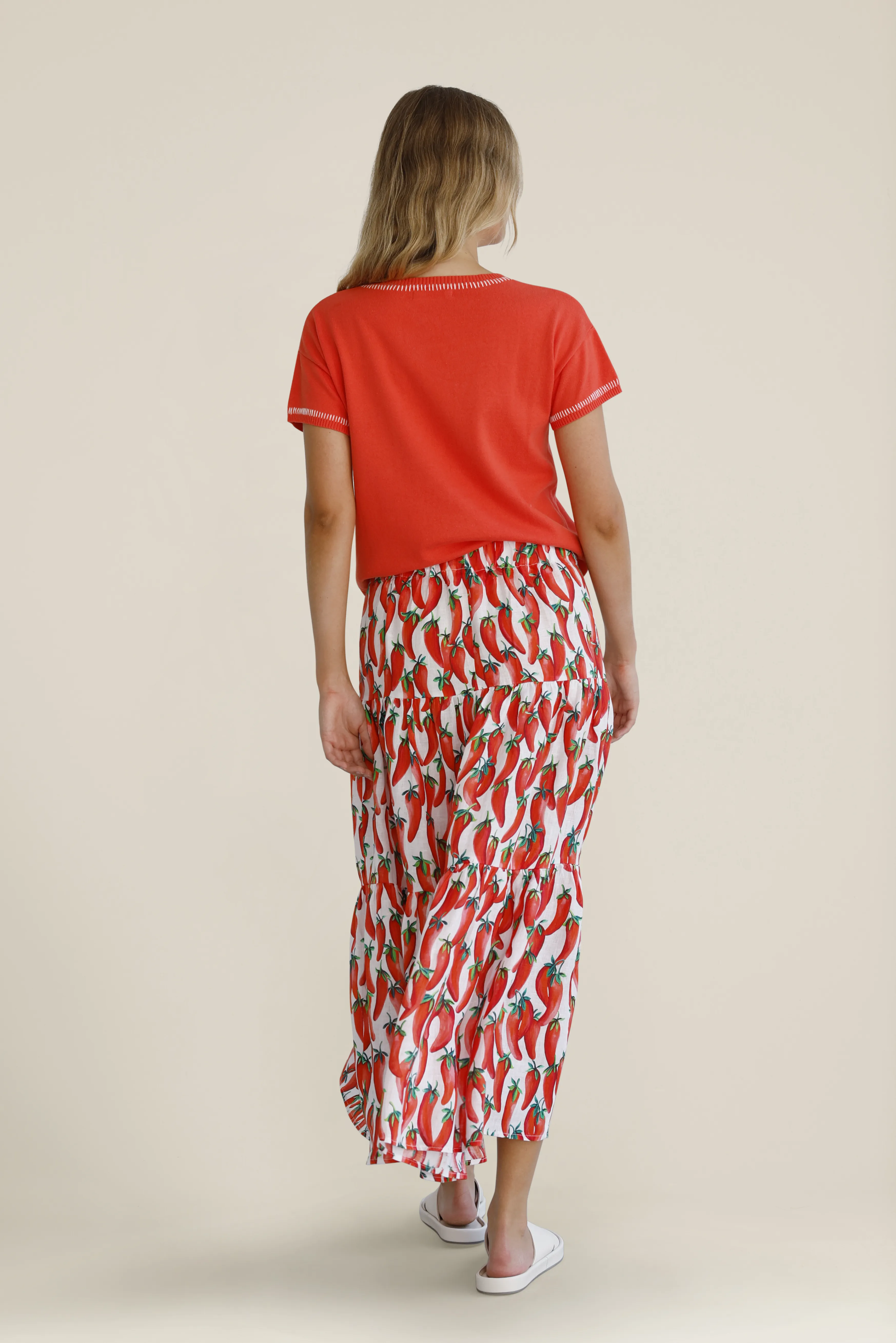 Linen Chilli Print Tiered Skirt