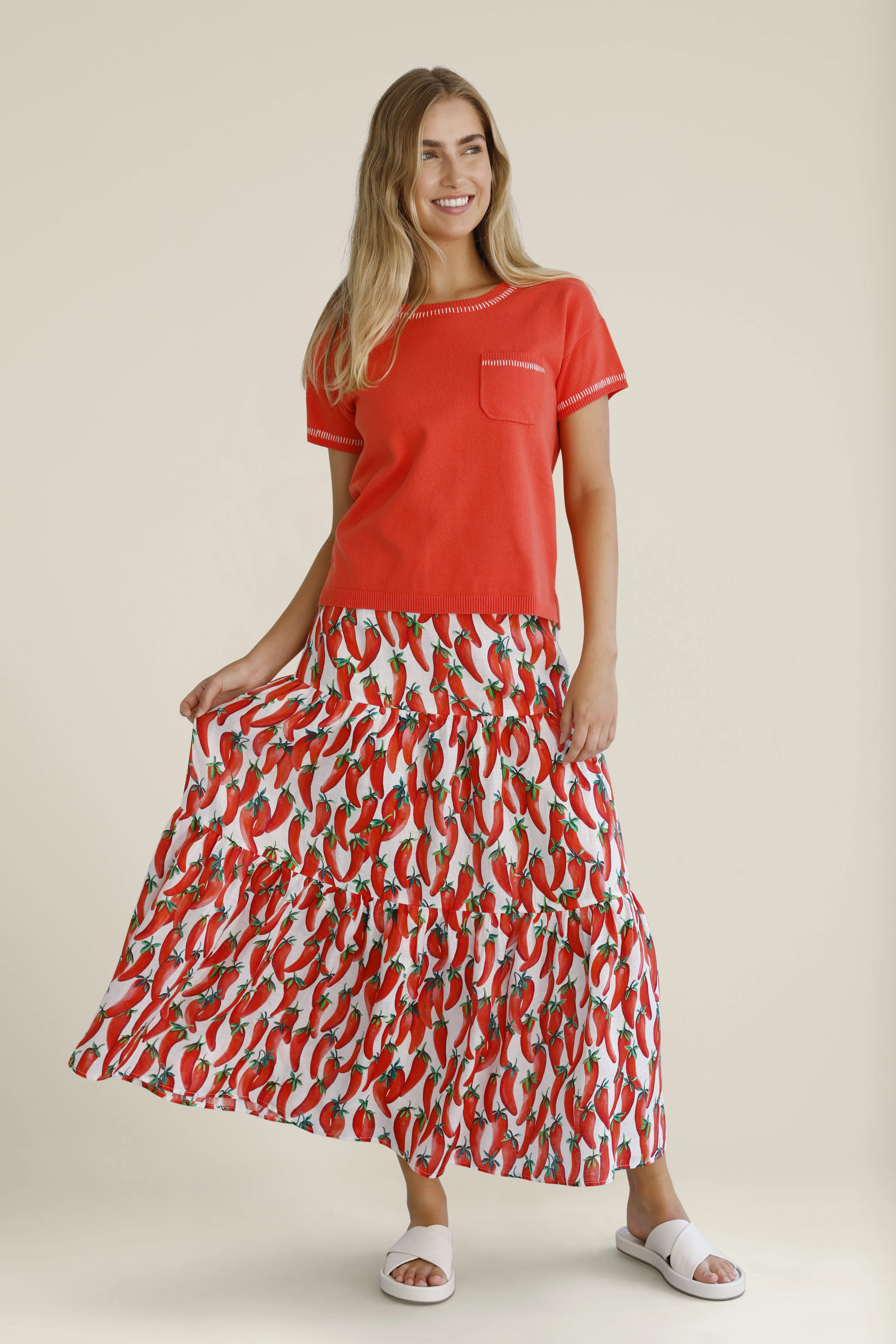 Linen Chilli Print Tiered Skirt