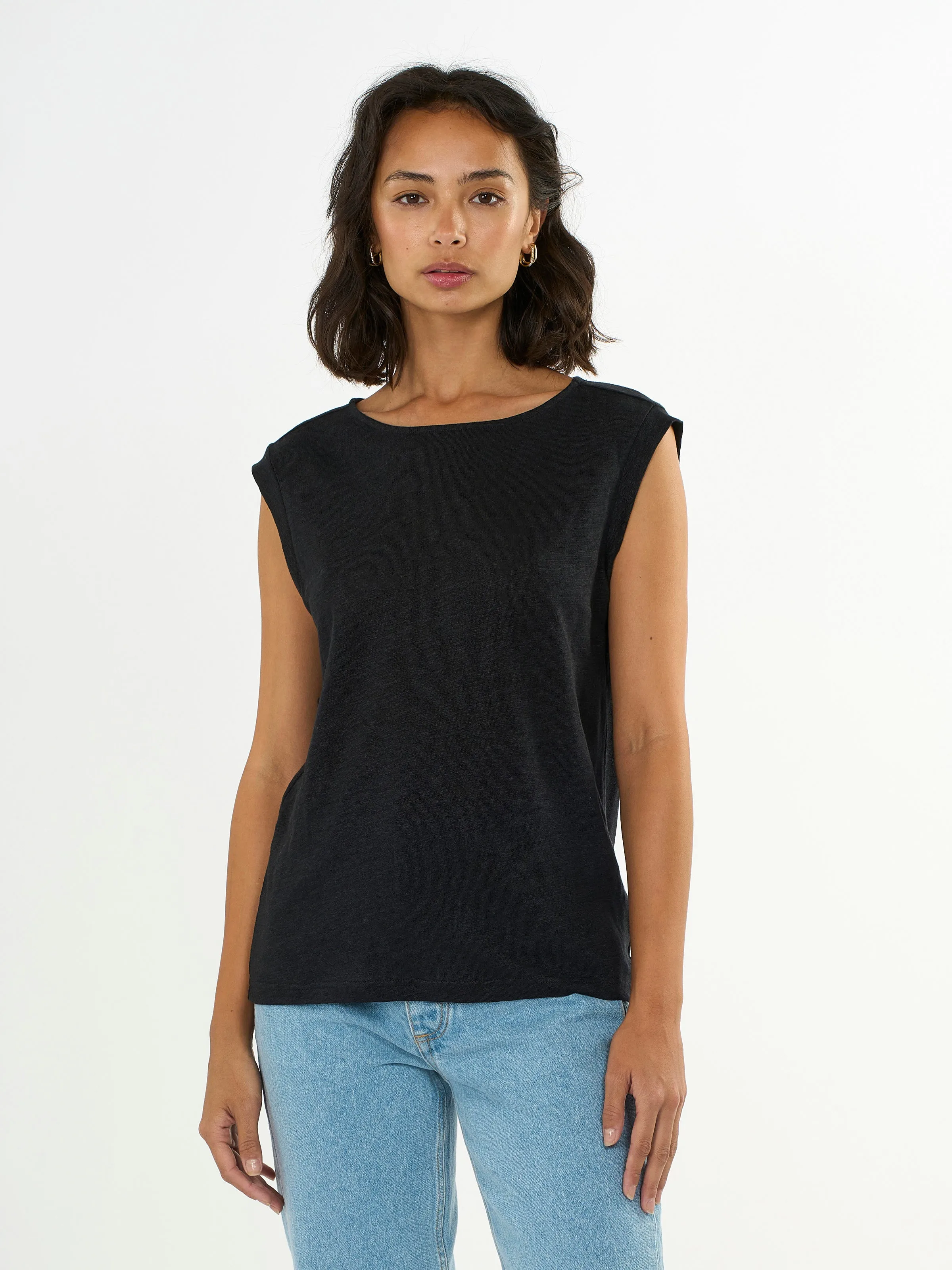 Loose fold up linen t-shirt - Black Jet